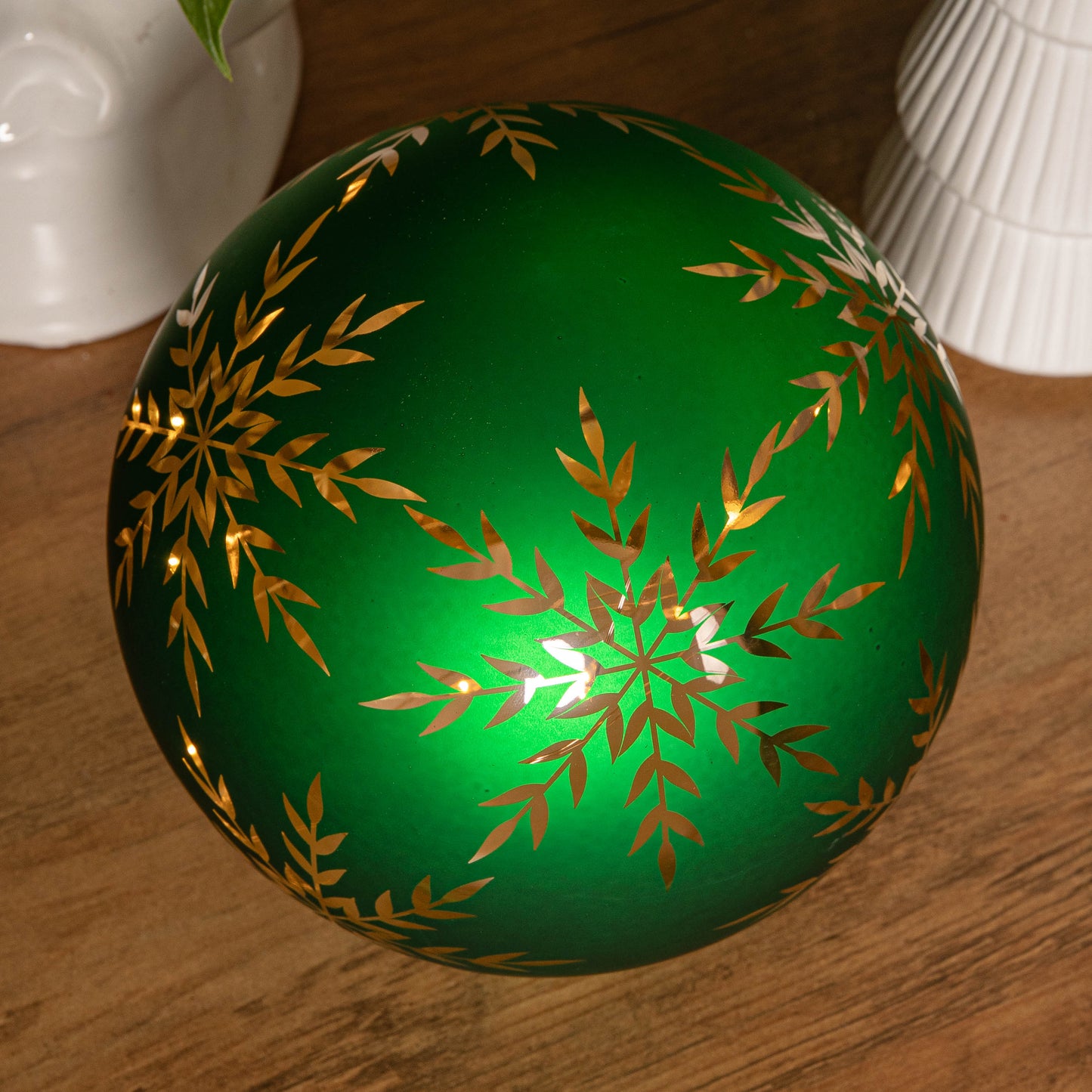15cm Battery Operated Light up Snowflake Glass Ball in Green with Warm White LEDs