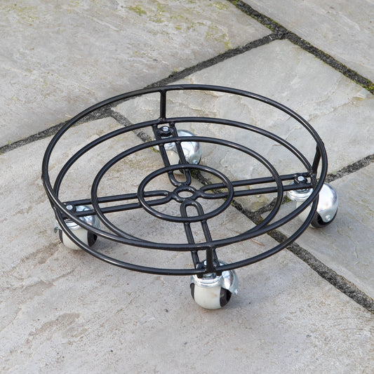 32cm Black Metal Garden Flower Plant Pot Trolley on Castor Wheels