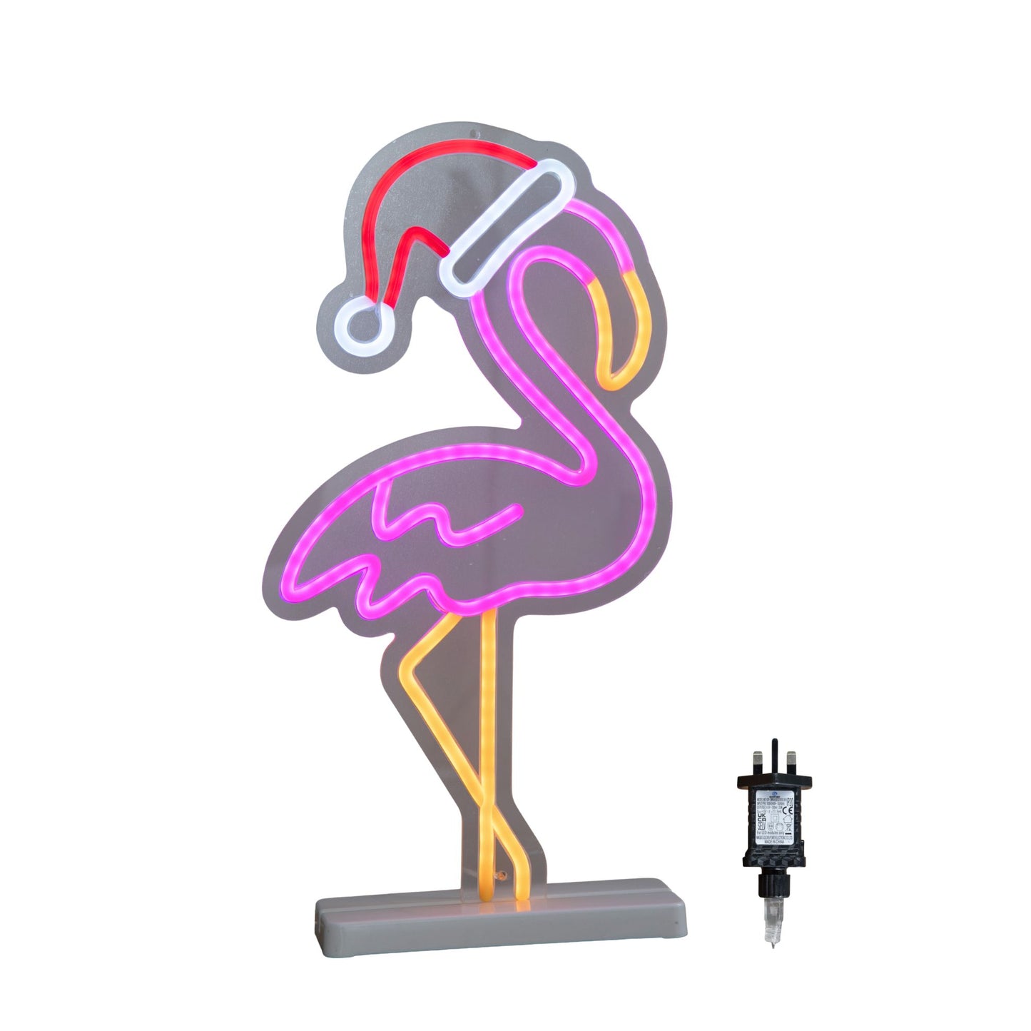 43cm Light up Neon Effect Flamingo with Santa Hat on Base with Multi-Coloured LEDs