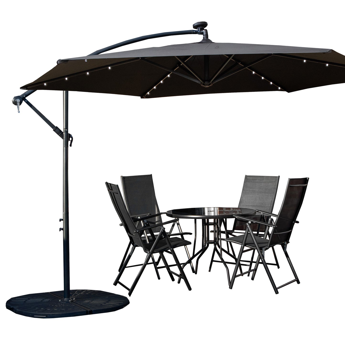 Outdoor 4 Person Round Glass Top Garden Dining Table Chairs With Black Banana Lit Parasol and Base Set