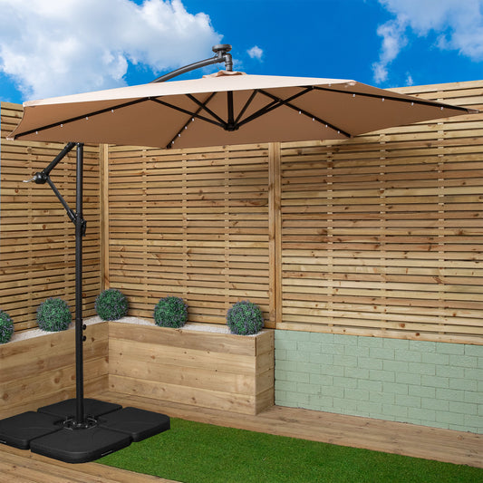 3m Solar Powered Lit Banana Cantilever Garden Parasol with LEDs & Base Weights Included in Beige