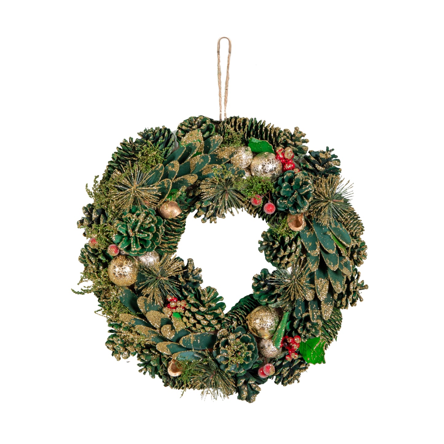 36cm Bauble and Pinecone Hanging Christmas Wreath with Red Berries