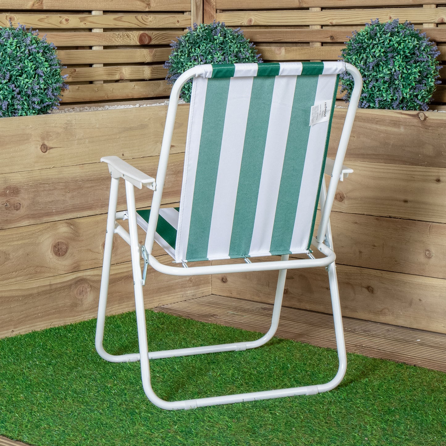 2 Pack of Outdoor Green and White Stripe Camping Chairs with Armrests