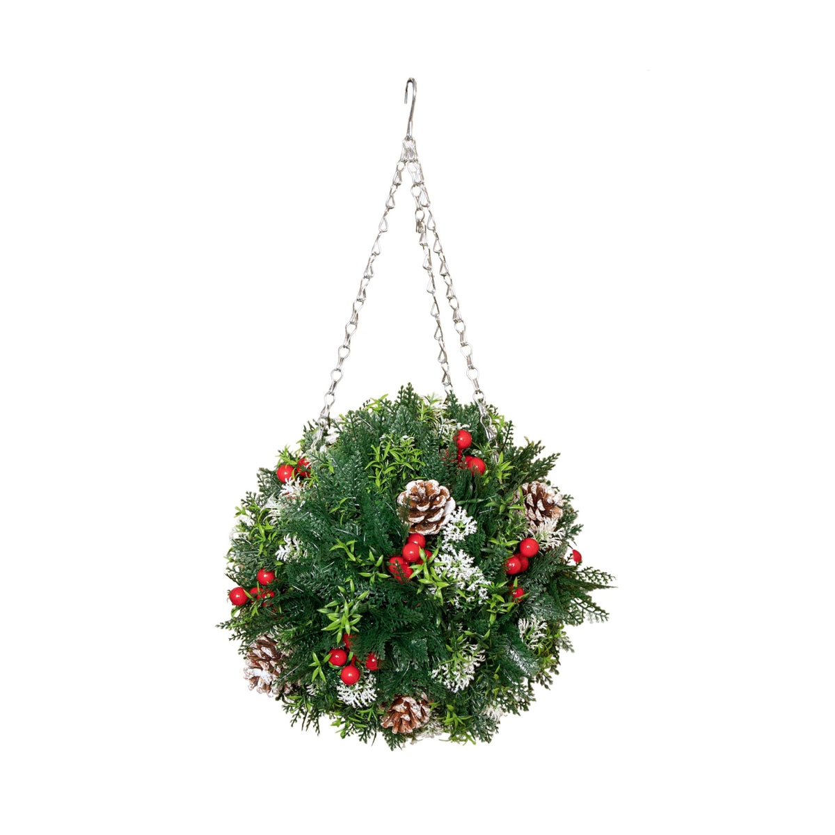 30cm Plastic Christmas Ball with Red Berries, Pinecones & Metal Hanging Hook