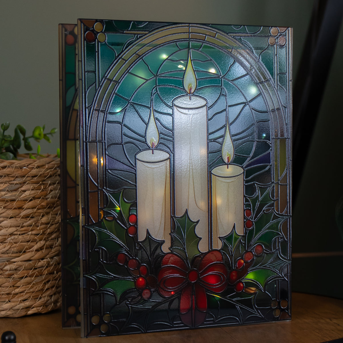 21cm Battery Operated Light up Stained Glass Christmas Decoration with Candles, Holly & Berries with Warm White LEDs