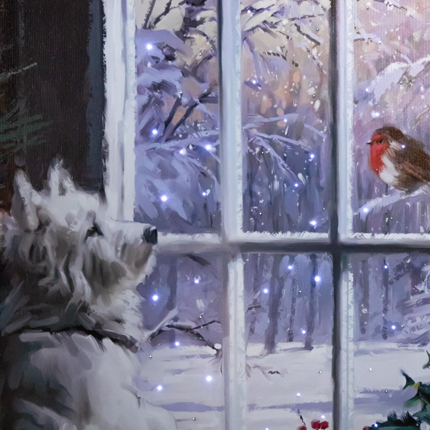 40cm x 30cm Battery Operated Light up Fibre Optic Christmas Dog & Robin Wall Art