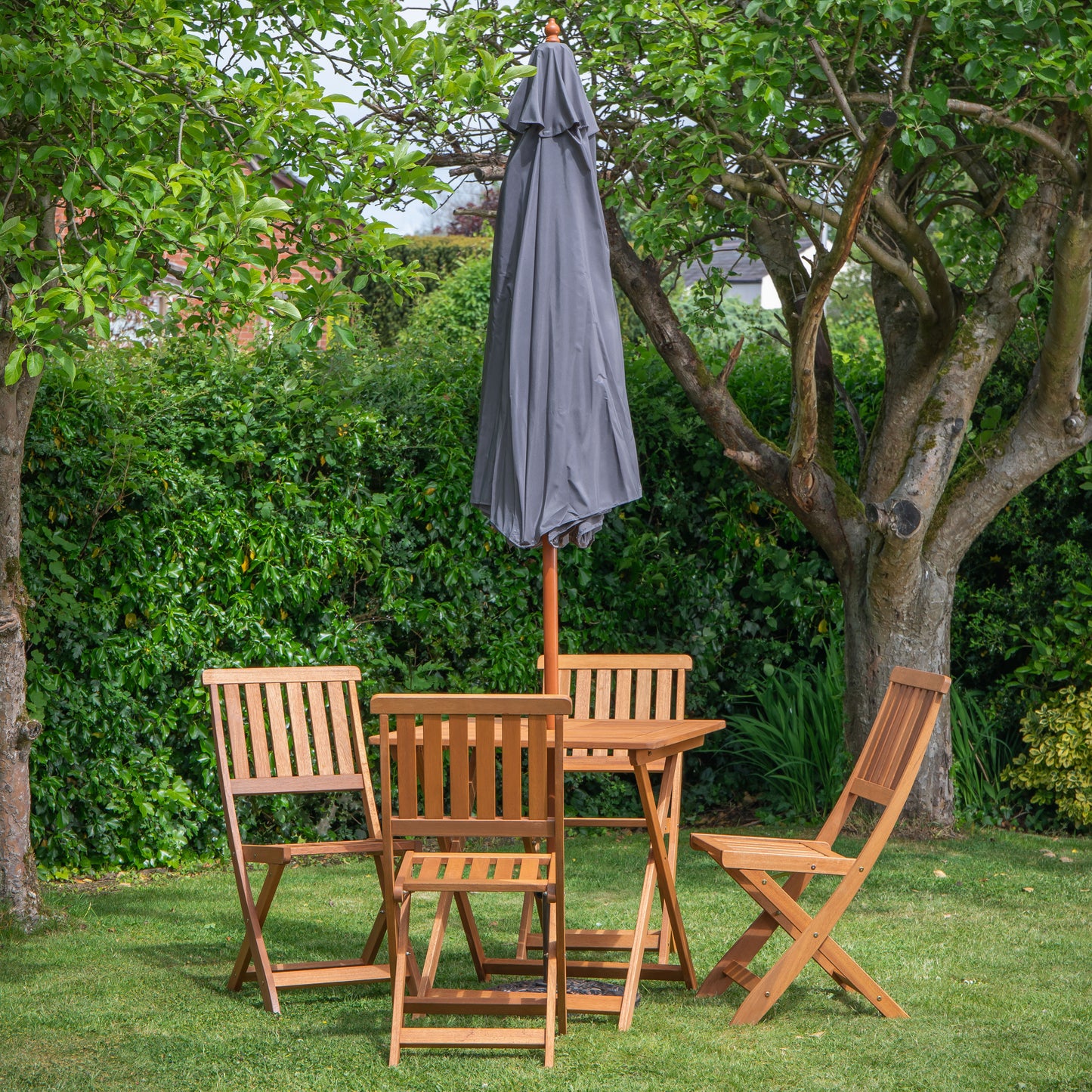 Outdoor 4 Person Folding Square Wooden Garden Dining Table Chairs Grey Parasol and Base Set