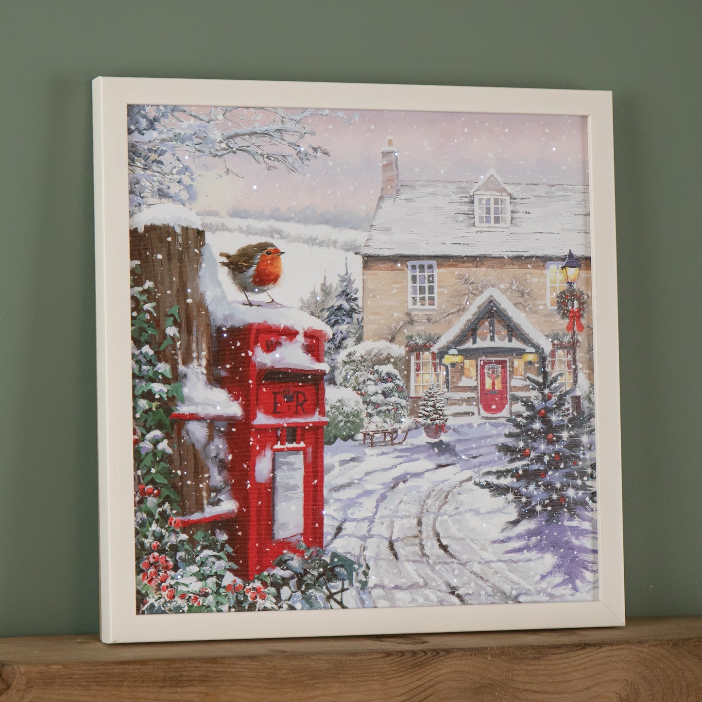 Battery Operated 40 x 40cm Light up Snowy Christmas Robin Scene Picture Canvas