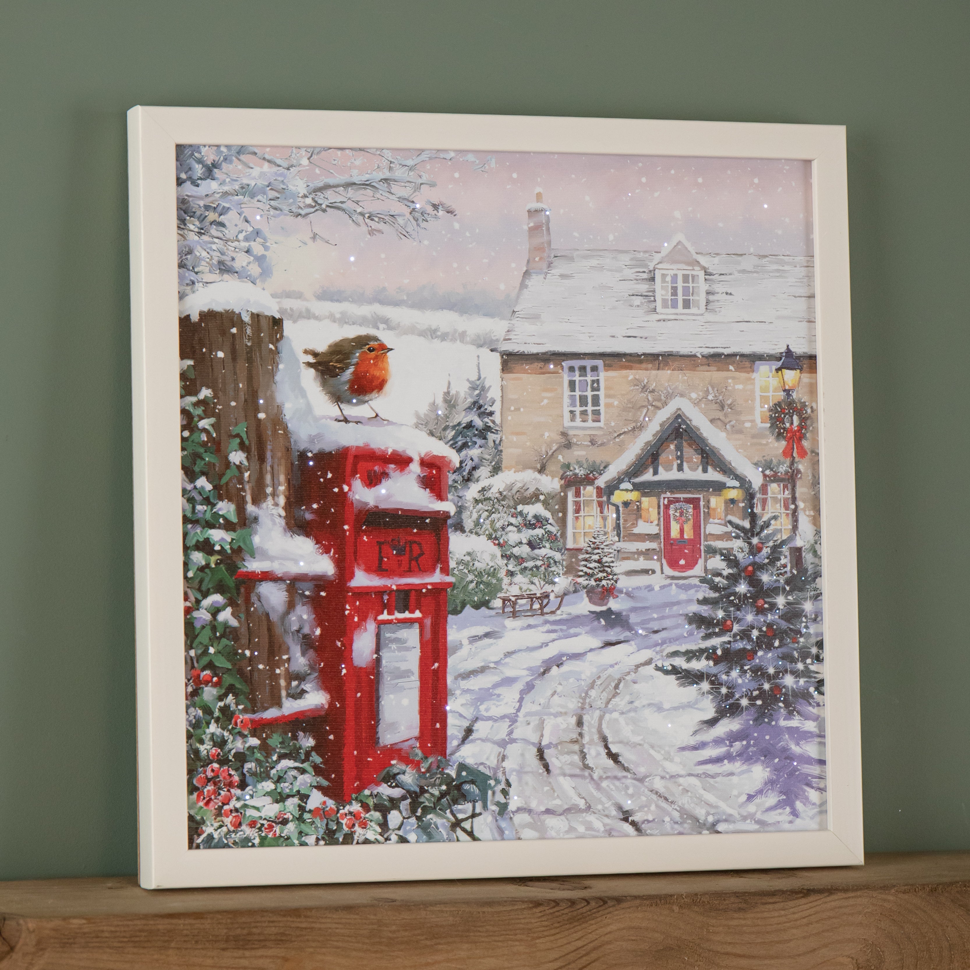 Battery Operated 40 x 40cm Light up Snowy Christmas Robin Scene Picture Canvas