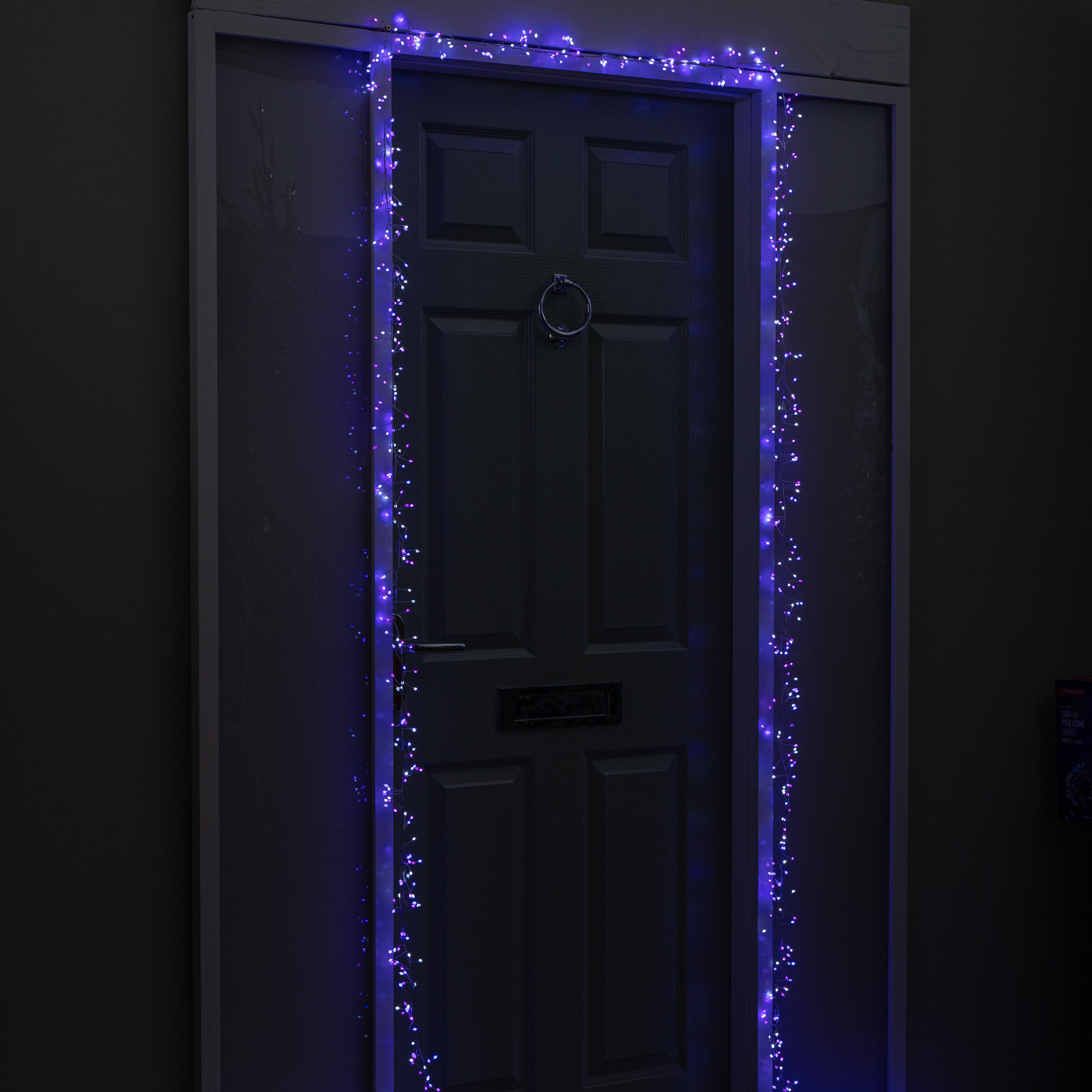 5.5m 800 LED UltraBrights Christmas Door Cluster Lights with Timer in Blue, Purple & White on Silver Wire