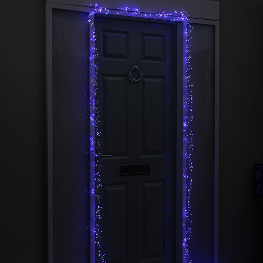 5.5m 800 LED UltraBrights Christmas Door Cluster Lights with Timer in Blue, Purple & White on Silver Wire