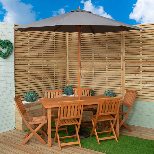Outdoor 6 Person Rectangular Wooden Garden Patio Dining Table Chairs with Grey Parasol and Base Set