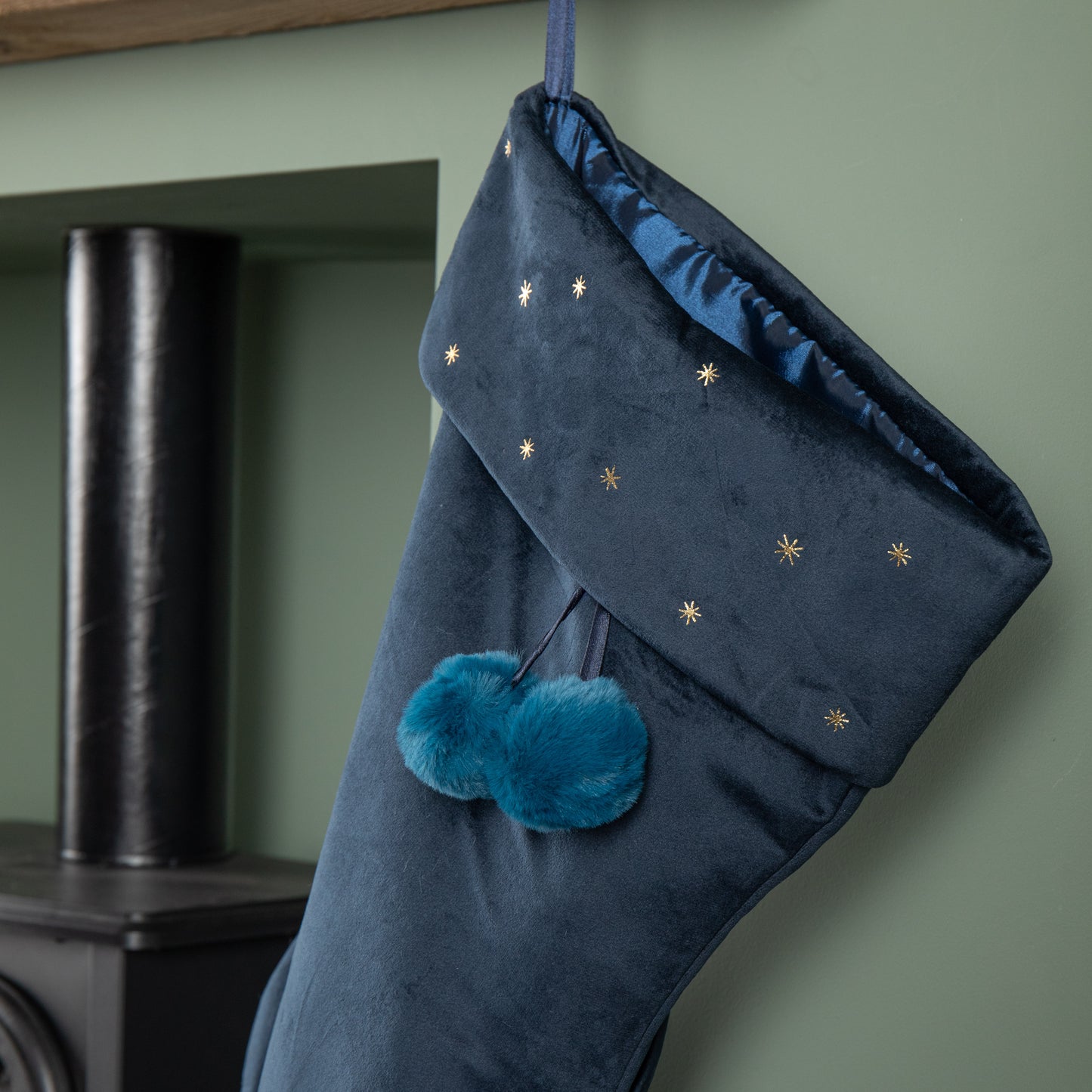 70cm Hanging Dark Blue Velour Star Print Christmas Stocking with Pom Poms