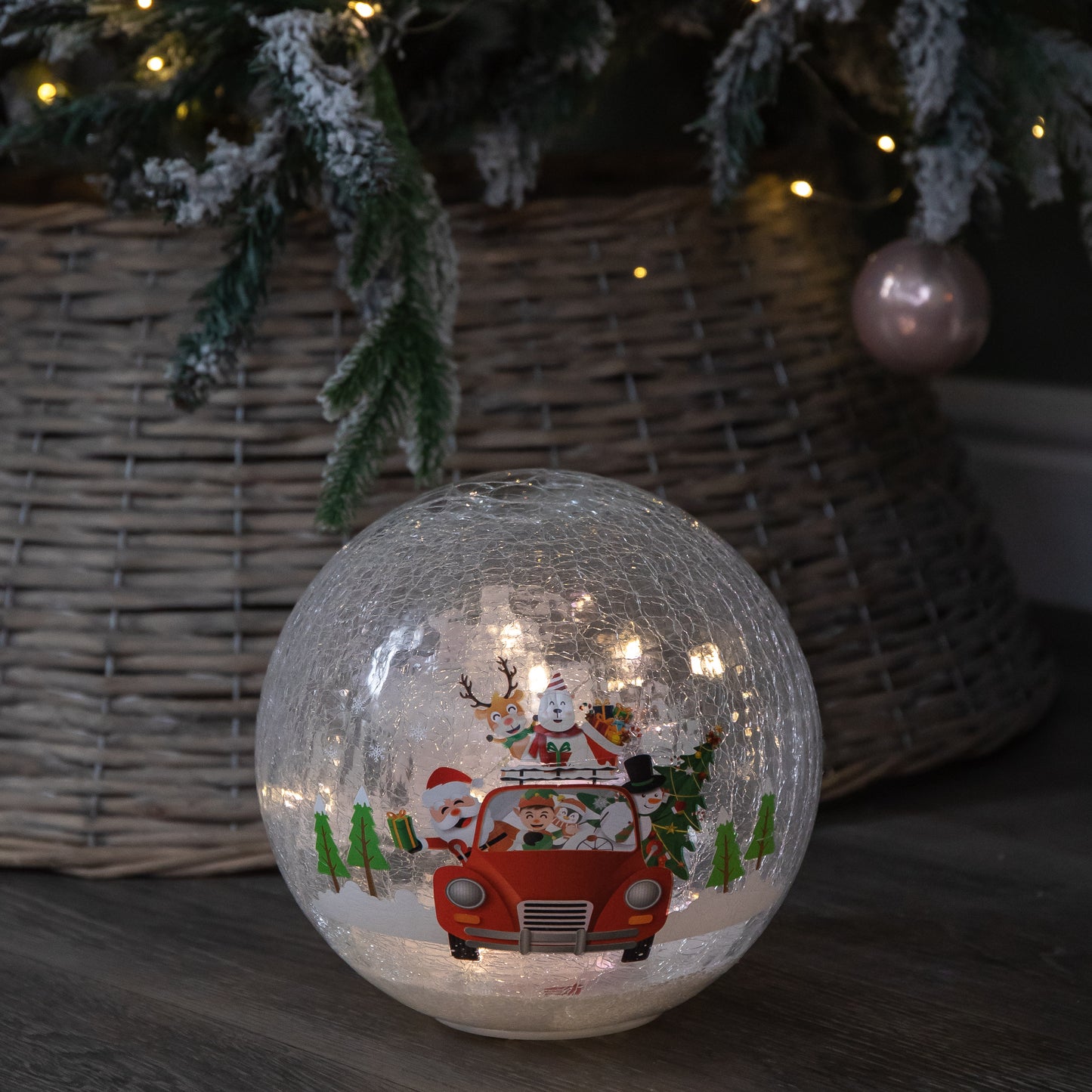 20cm Battery Operated Light up Santa and Friends Christmas Crackle Ball with LEDs
