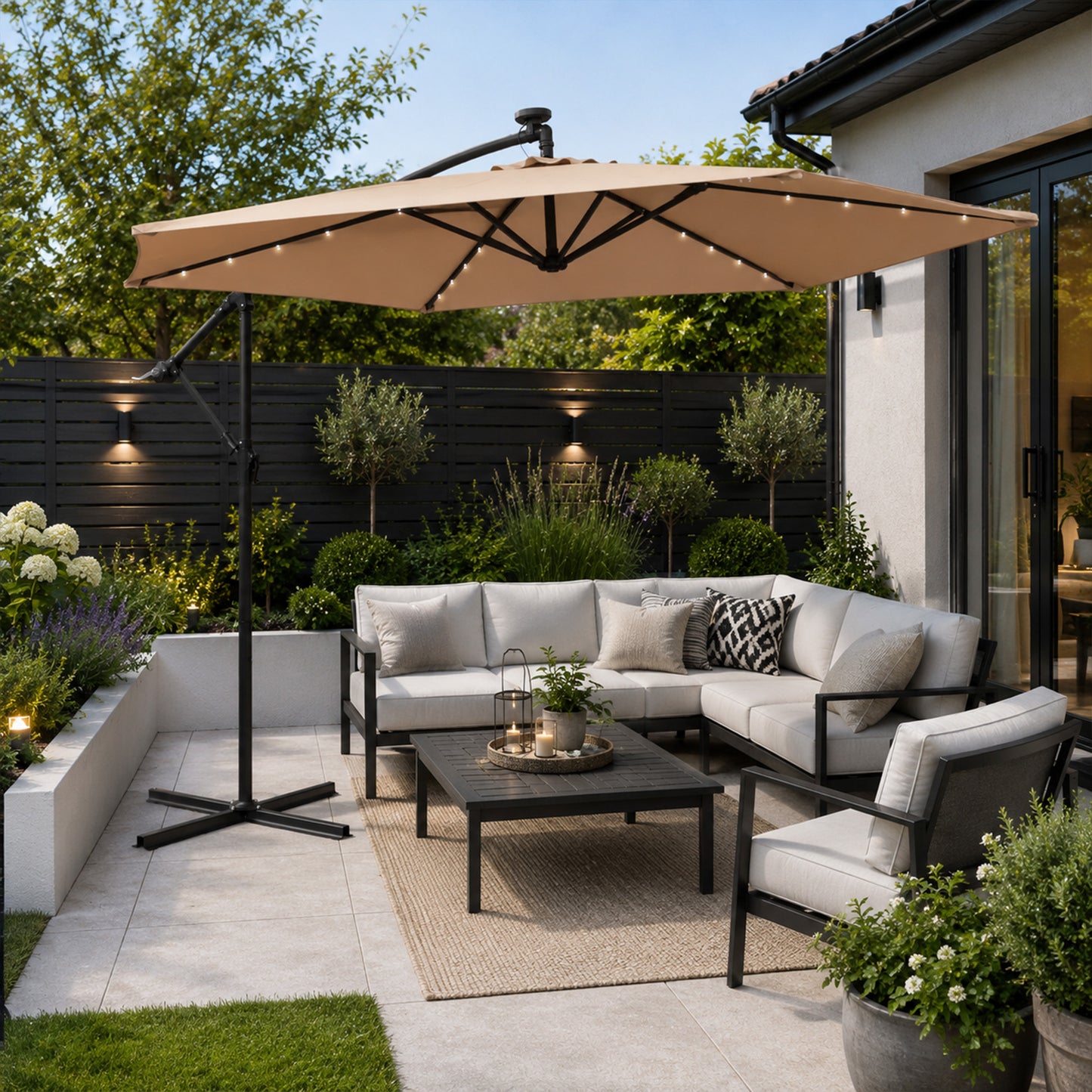 Samuel Alexander 3m Solar Powered Cantilever Lit Banana Garden Parasol with Crank Handle & White LED Lights in Beige
