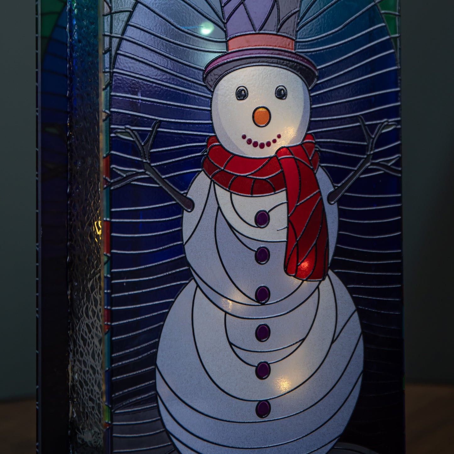 21cm Battery Operated Light up Double Sided Stained Glass Snowman Decoration with LEDs