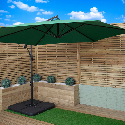 3m Cantilever Banana Garden Parasol in Green with Crank Handle and Parasol Base Weights Included