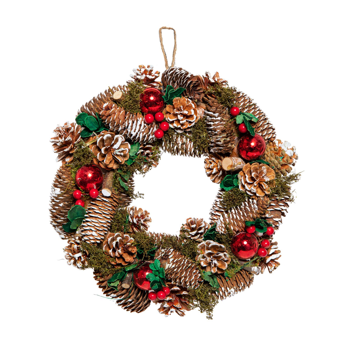 36cm Hanging Christmas YuleFest Wreath with Red Baubles & Snow Tipped Pine Cones 
