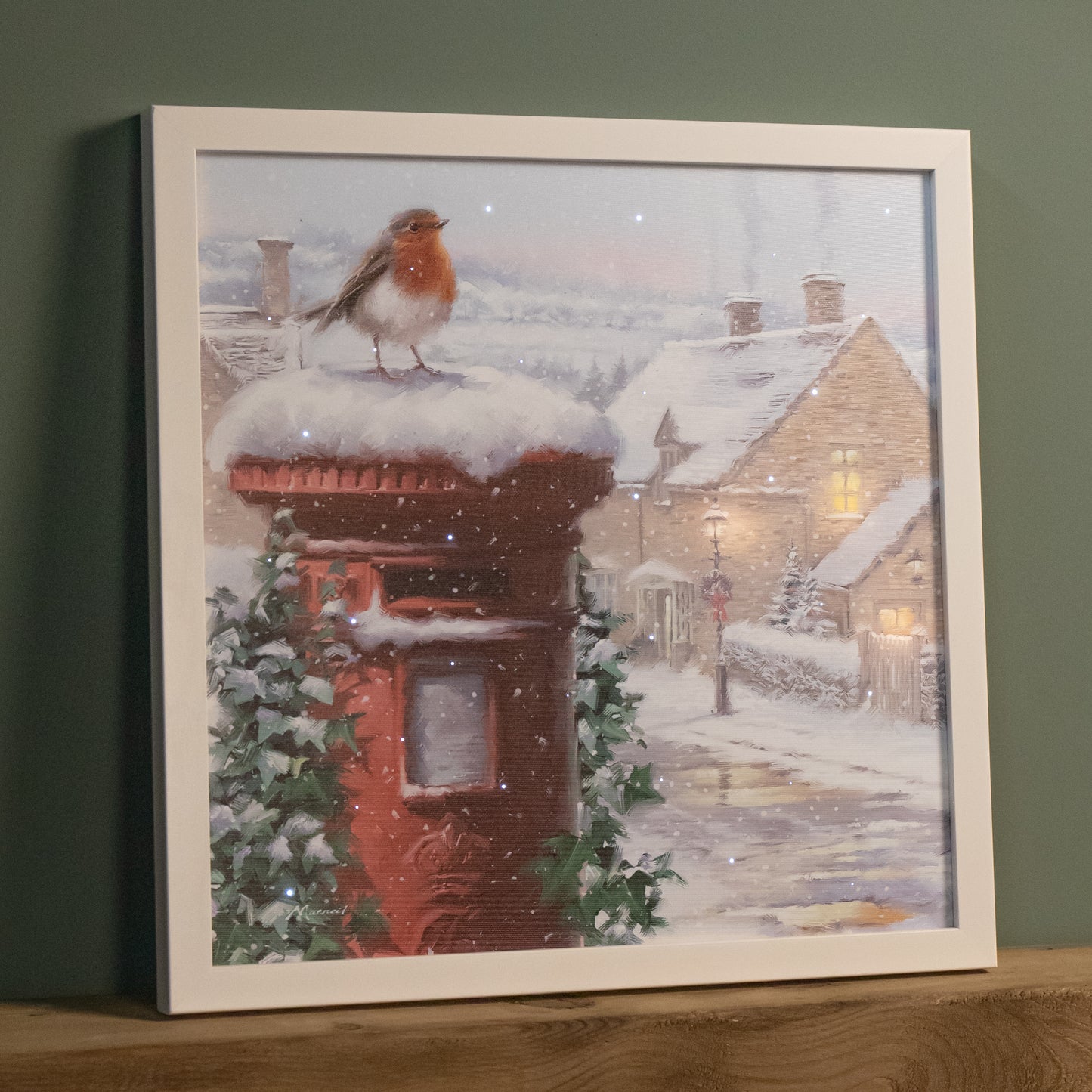 LED Battery Operated Fibre Optic Wall Art Canvas with a Robin and Postbox Christmas Decoration
