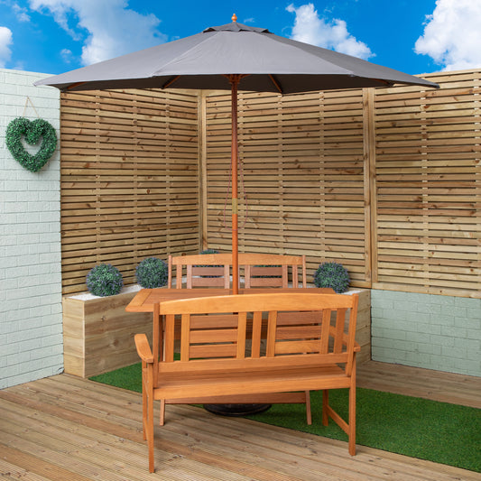 Outdoor 4 Person Folding Rectangular Wooden Garden Dining Table Benches Grey Parasol and Base Set