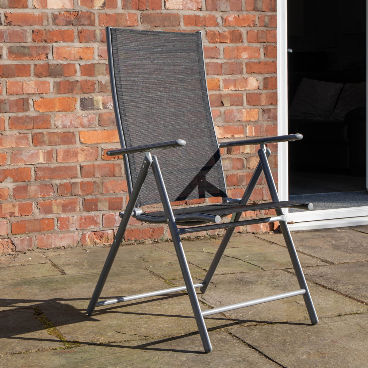 2 x Multi Position High Back Reclining Garden / Outdoor Folding Chair in Black and Silver