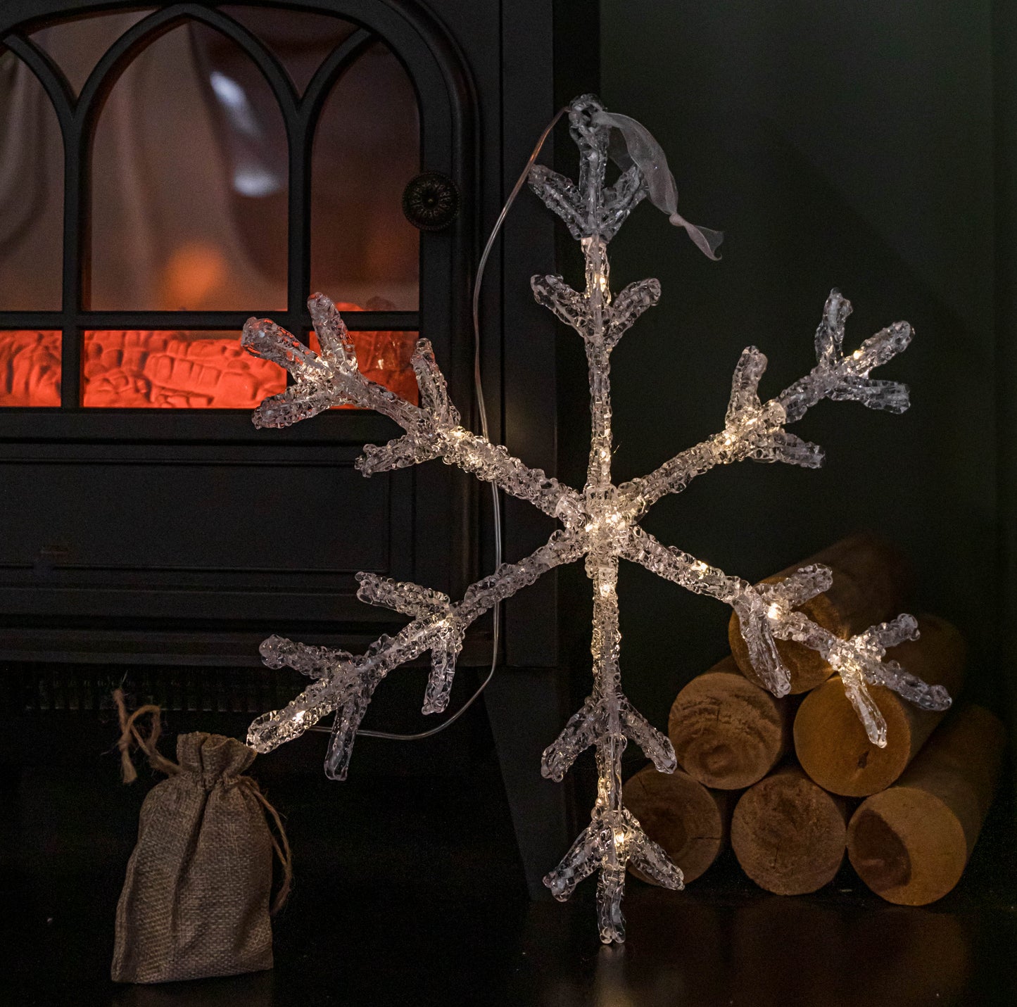 37cm Battery Powered Light up Ice Christmas Snowflake Hanging Decoration with Warm White LEDs