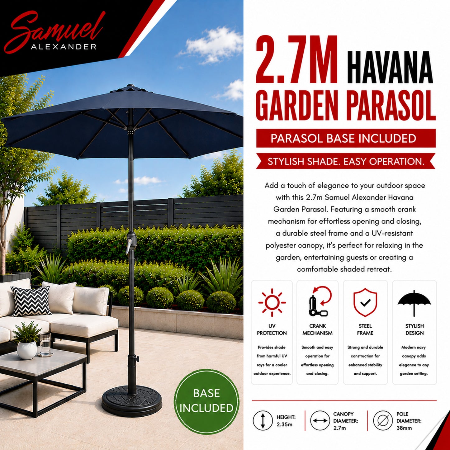 2.7m Havana Garden Patio Parasol with Crank Handle in Blue with 9kg Base Included