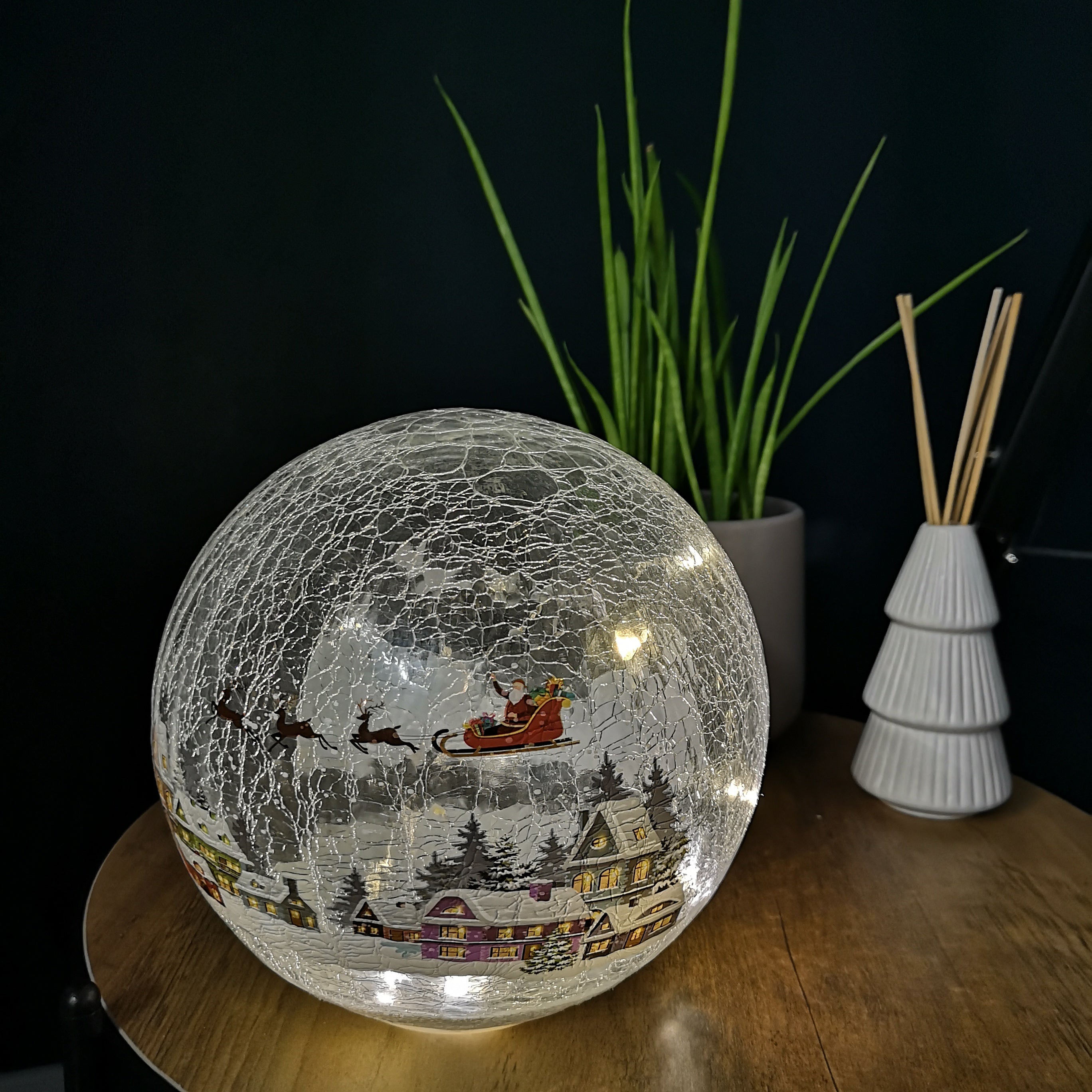 20cm Battery Operated Warm White LED Crackle Effect Ball Christmas Decoration with Village Scene