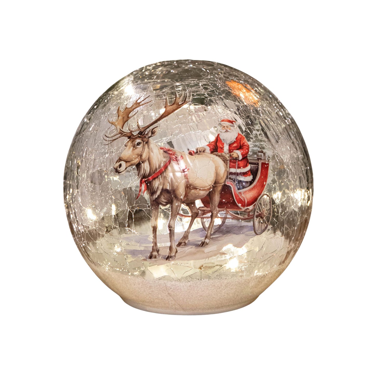 20cm Battery Operated Light up Santa Sleigh Crackle Glass Ball with 15 Warm White LEDs