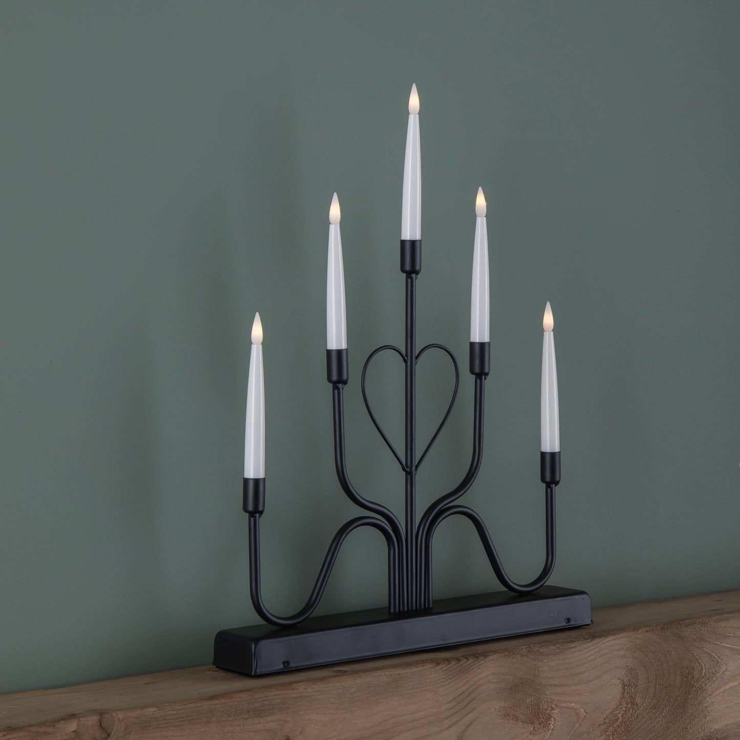 32cm Battery Operated Light up Black Metal Heart Christmas Candlebridge with 5 Warm White LEDs
