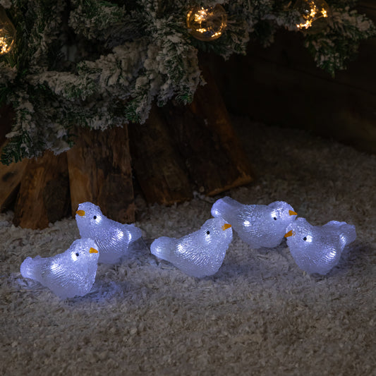 Set of 5 16cm Light up Acrylic Christmas Birds with 30 White LEDs
