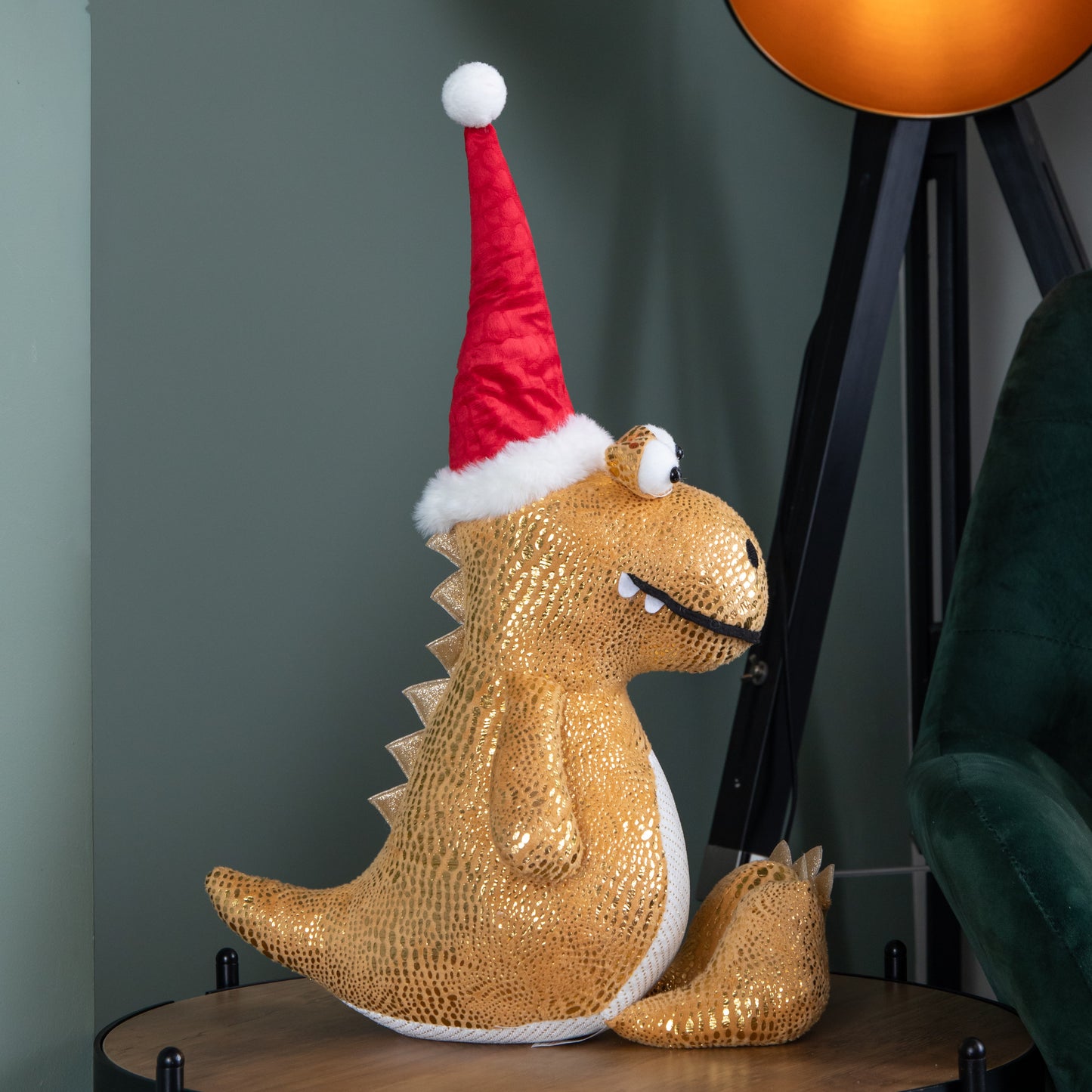 60cm Tall Gold Plush Zilla Dino Standing Christmas Decoration with Santa Hat