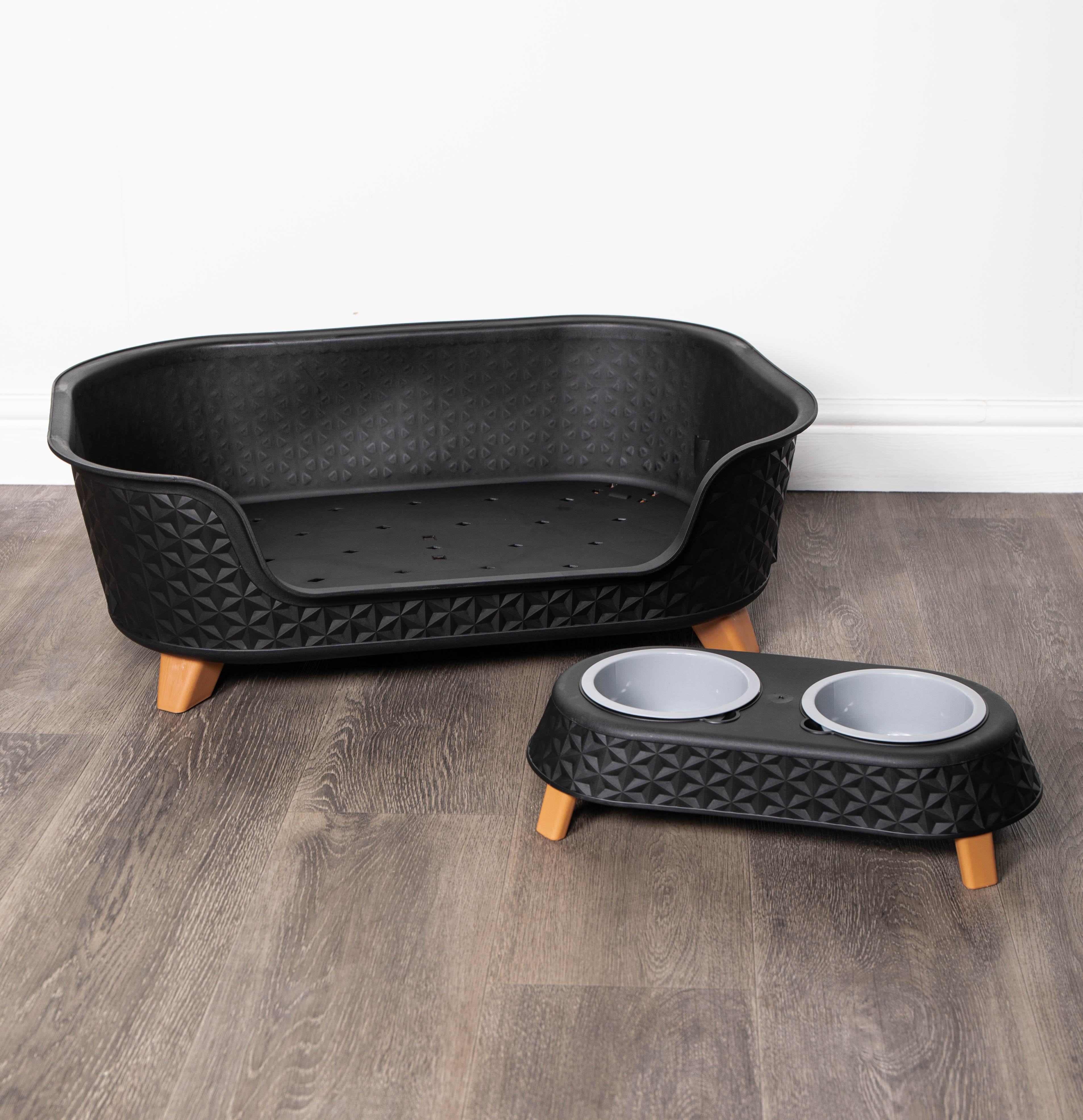 77cm x 58cm Black Plastic Raised Pet Basket with Legs and Black Plastic Double Pet Bowl Feeder with Stand Set