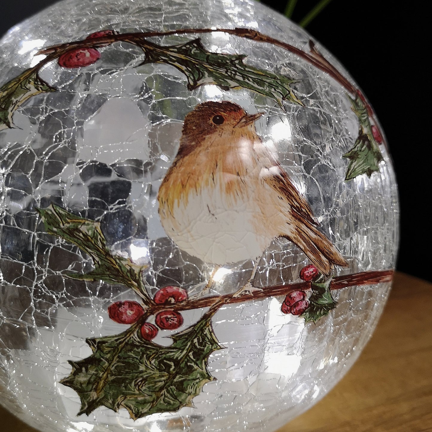 20cm Festive Christmas Crackle Effect Glass Robin LED Light Ball