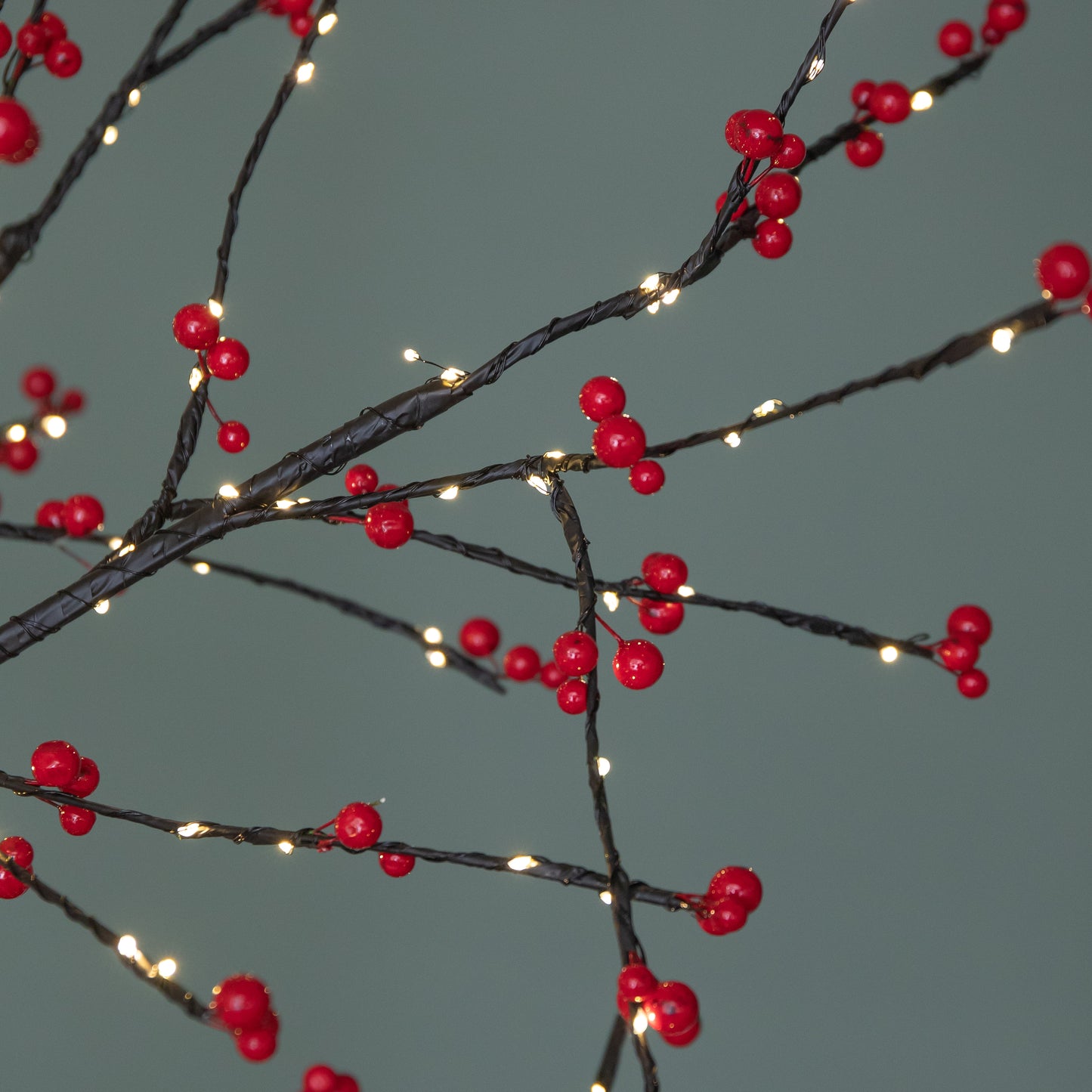 6ft (1.8m) Light up Black Christmas Twig Tree with Red Berries & Warm White LEDs