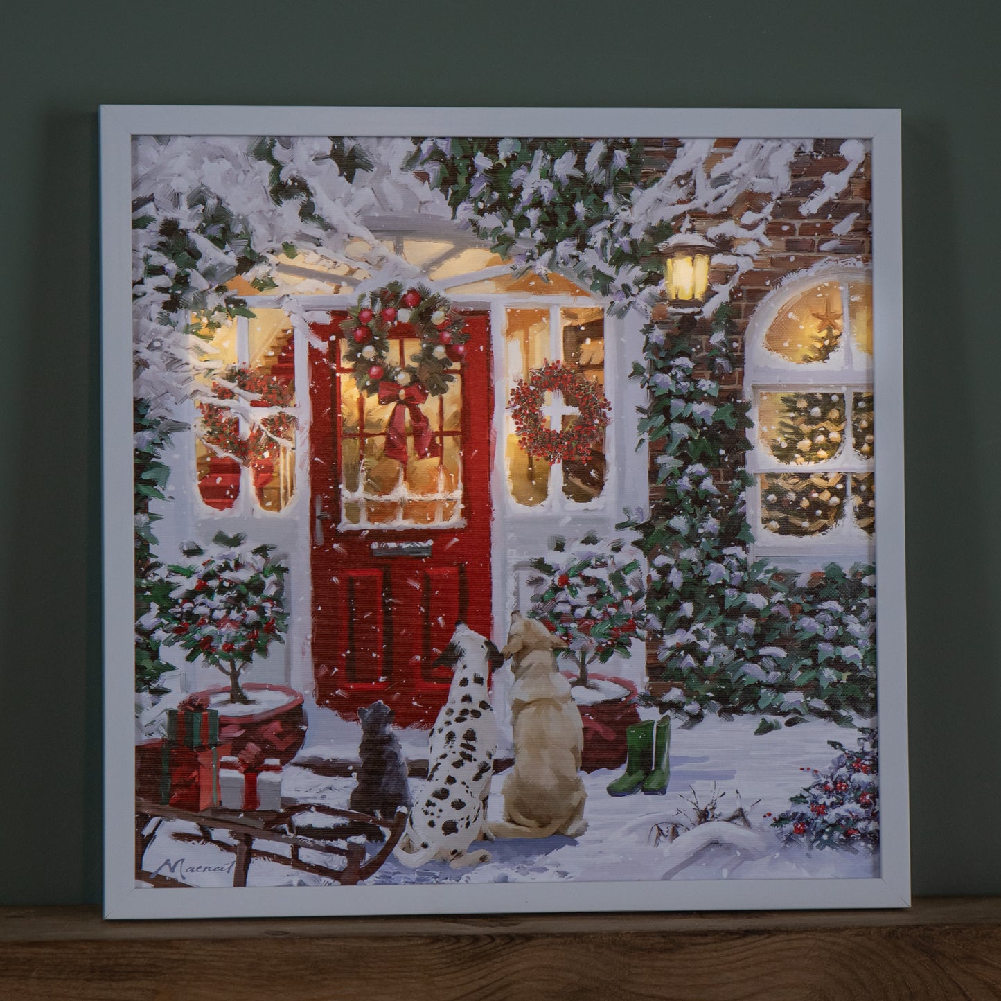 40 x 40cm Battery Operated Light up Framed Christmas Canvas with Red Door & Warm White LEDs