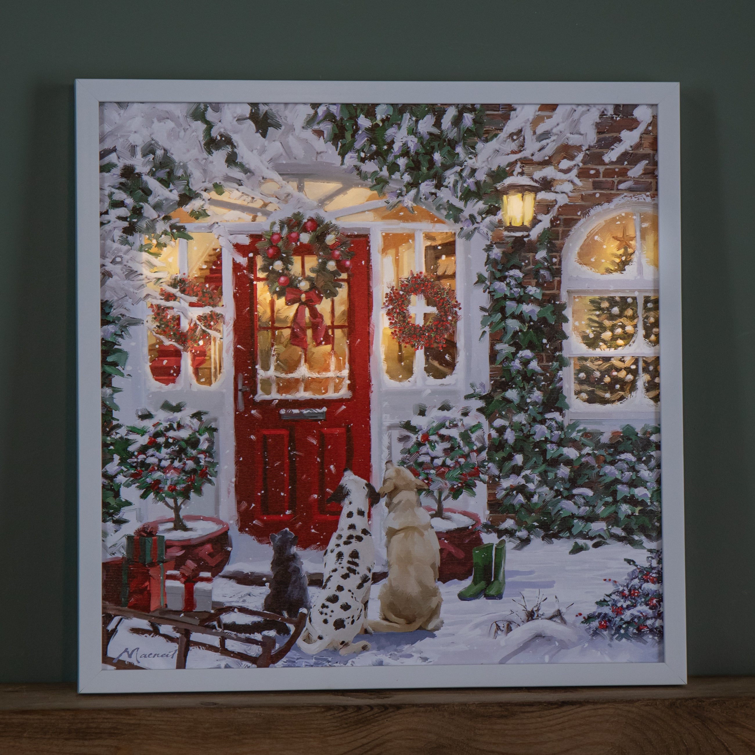 40 x 40cm Battery Operated Light up Framed Christmas Canvas with Red Door & Warm White LEDs