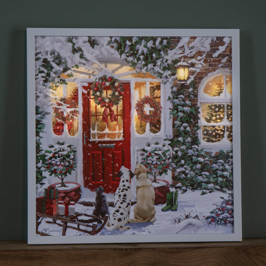 40 x 40cm Battery Operated Light up Framed Christmas Canvas with Red Door & Warm White LEDs