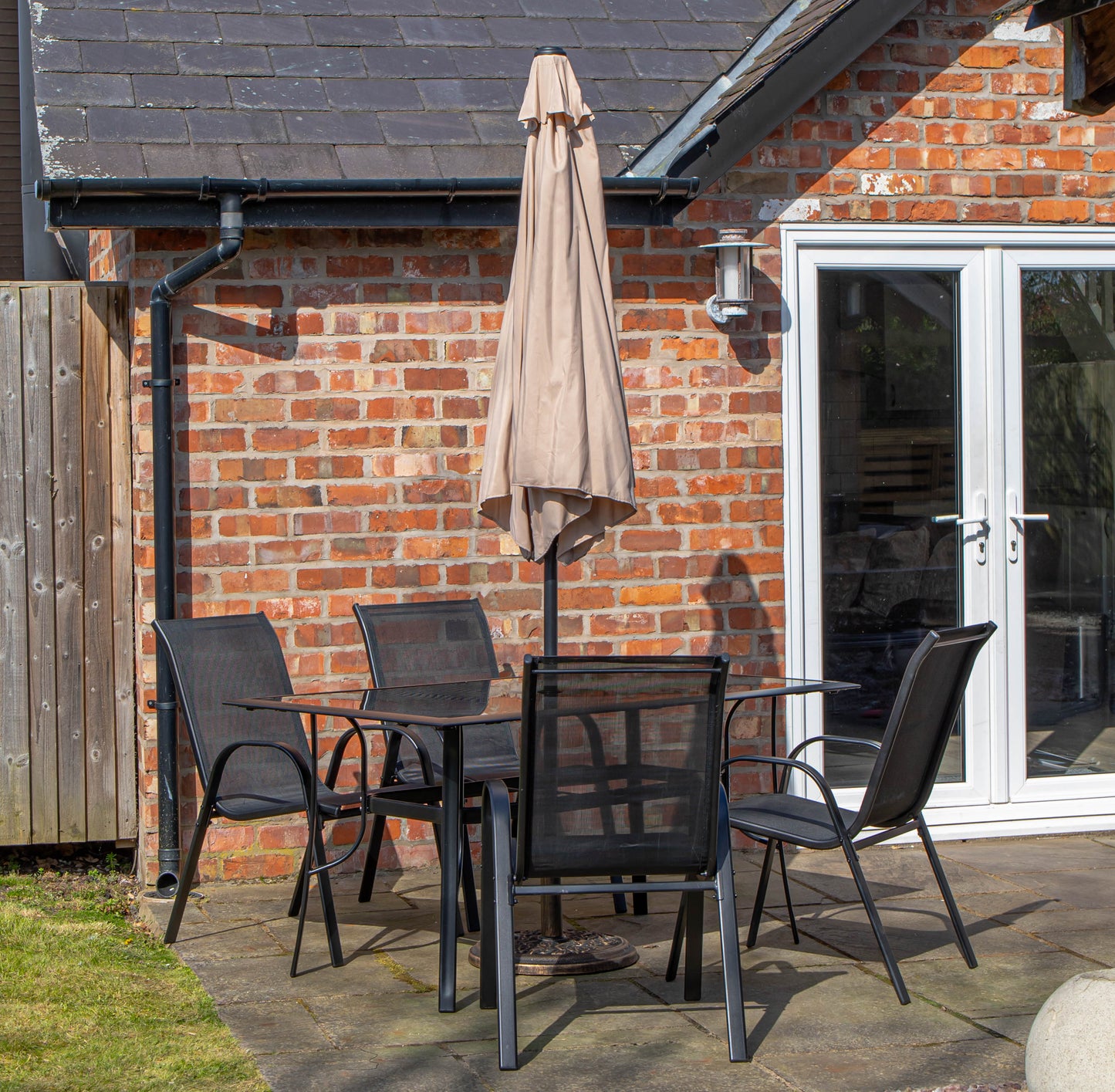 Outdoor 4 Person Rectangular Glass Top Garden Dining Table Chairs With Beige Parasol and Base Set