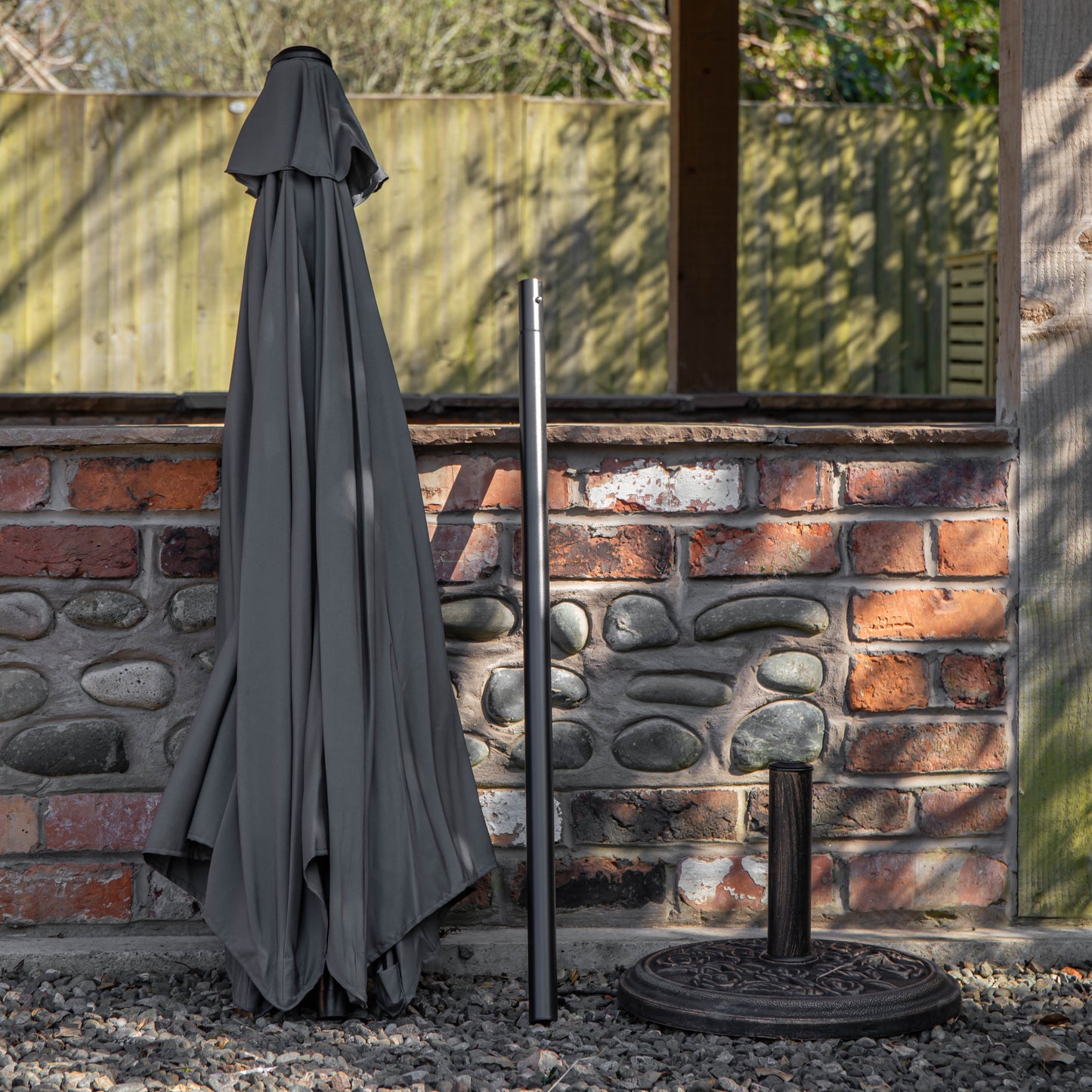 Outdoor 6 Person Rectangular Glass Top Garden Dining Table Benches & Chairs With Grey Havana Parasol and Base Set