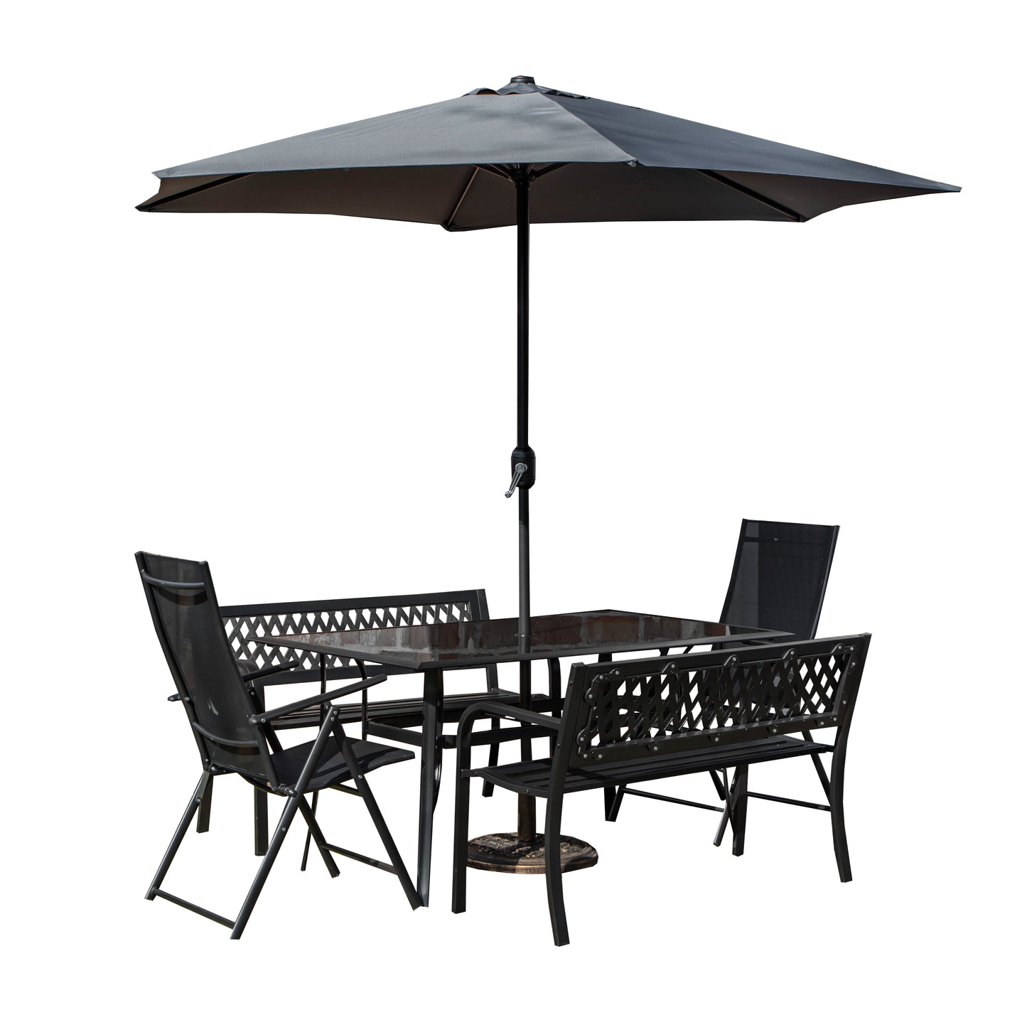 Outdoor 6 Person Rectangular Glass Top Garden Dining Table Benches & Chairs With Grey Havana Parasol and Base Set