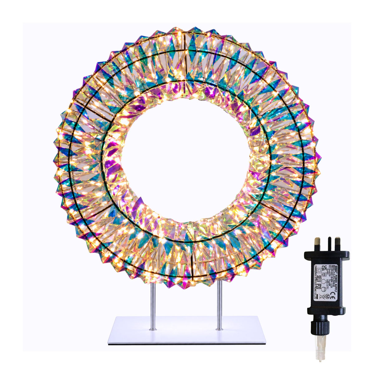 45cm Light up Iridescent Christmas Wreath with Base & Warm White LEDs