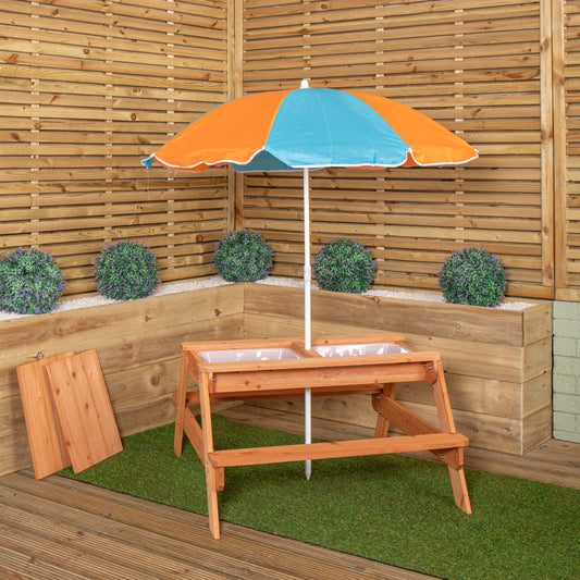 Kids Outdoor Wooden Picnic & Activity Table with Removable Plastic Trays & Parasol