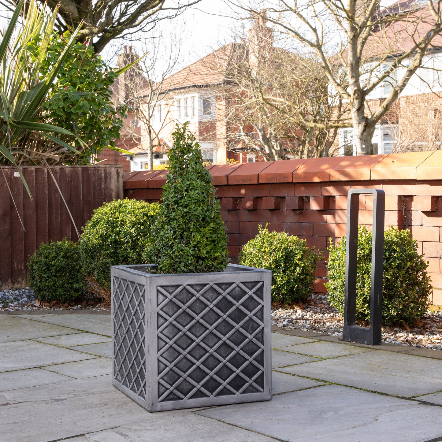 39cm Large Square Plastic Pewter Effect Grey Garden Patio Planter