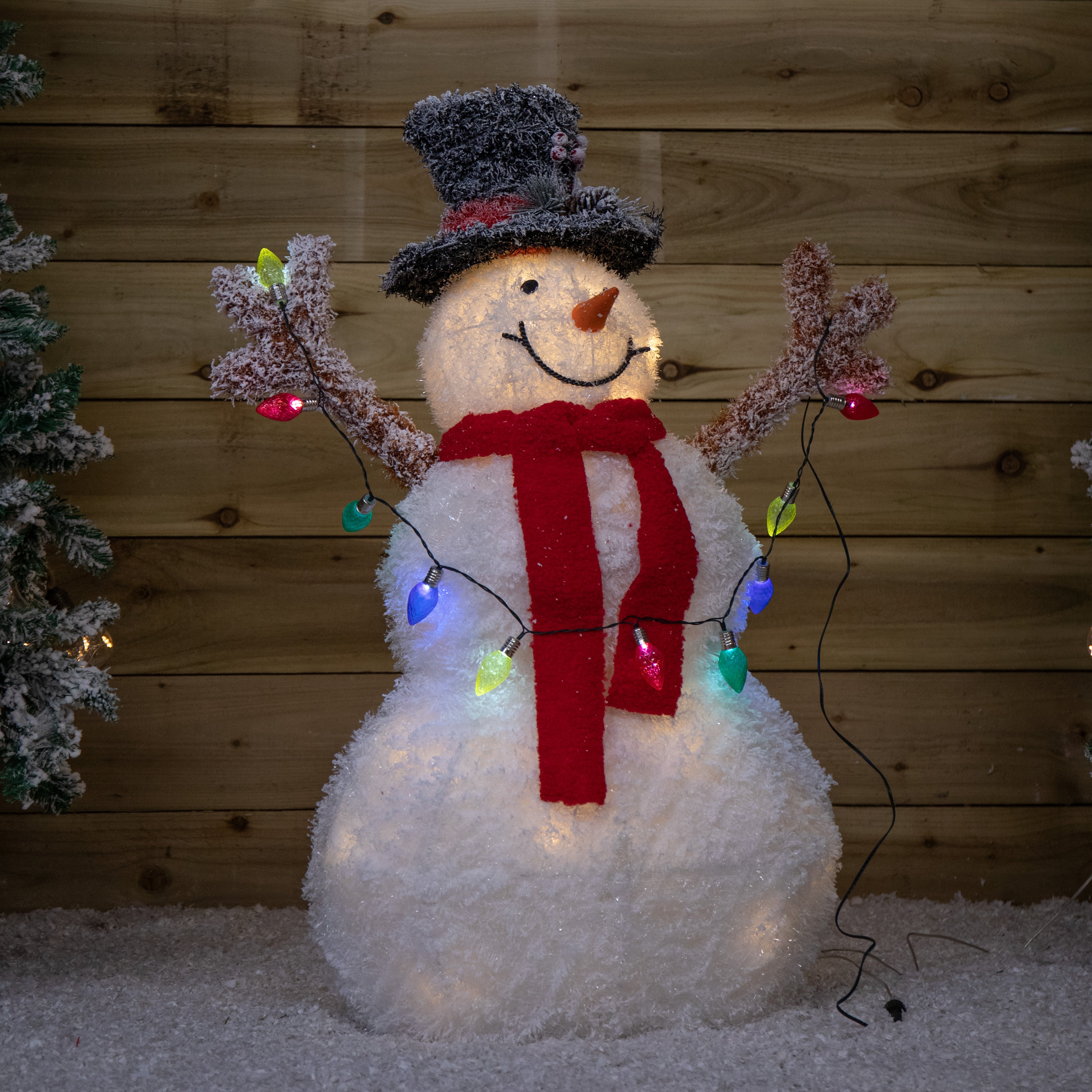 90cm Light up Frosted Tinsel Christmas Snowman with 50 White & Warm White LEDs