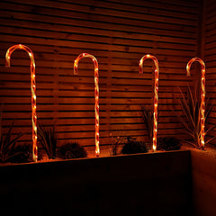 Set of 4 Large Light up Red & White Stripe Christmas Candy Cane Garden Stakes with LEDs