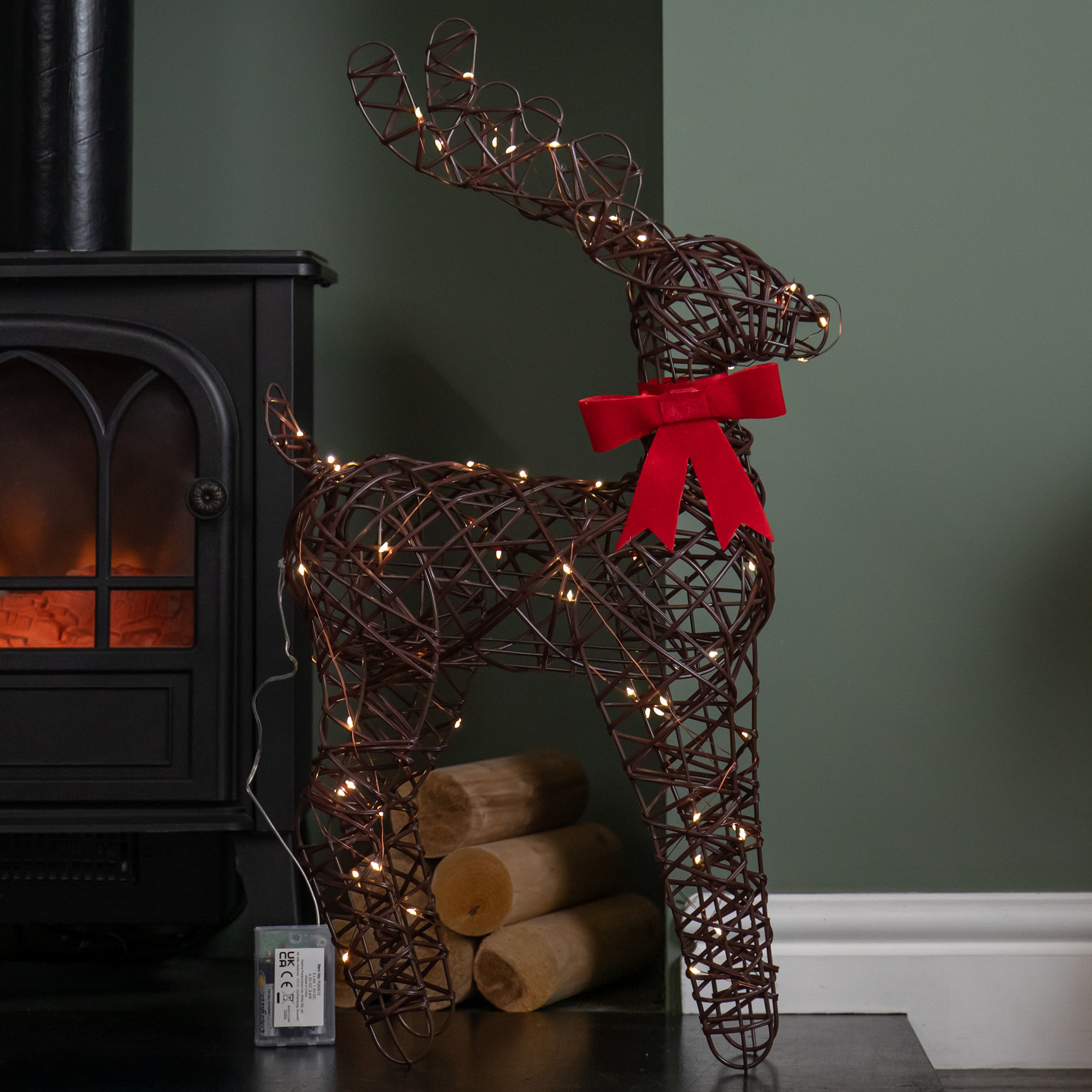 60cm Battery Operated Light up Christmas Reindeer with Red Bow & Warm White LEDs