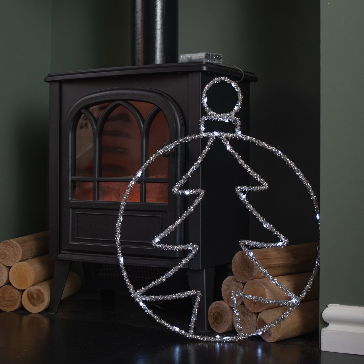 49cm Battery Powered Light up Silver Christmas Tree Ball with Twinkling LEDs