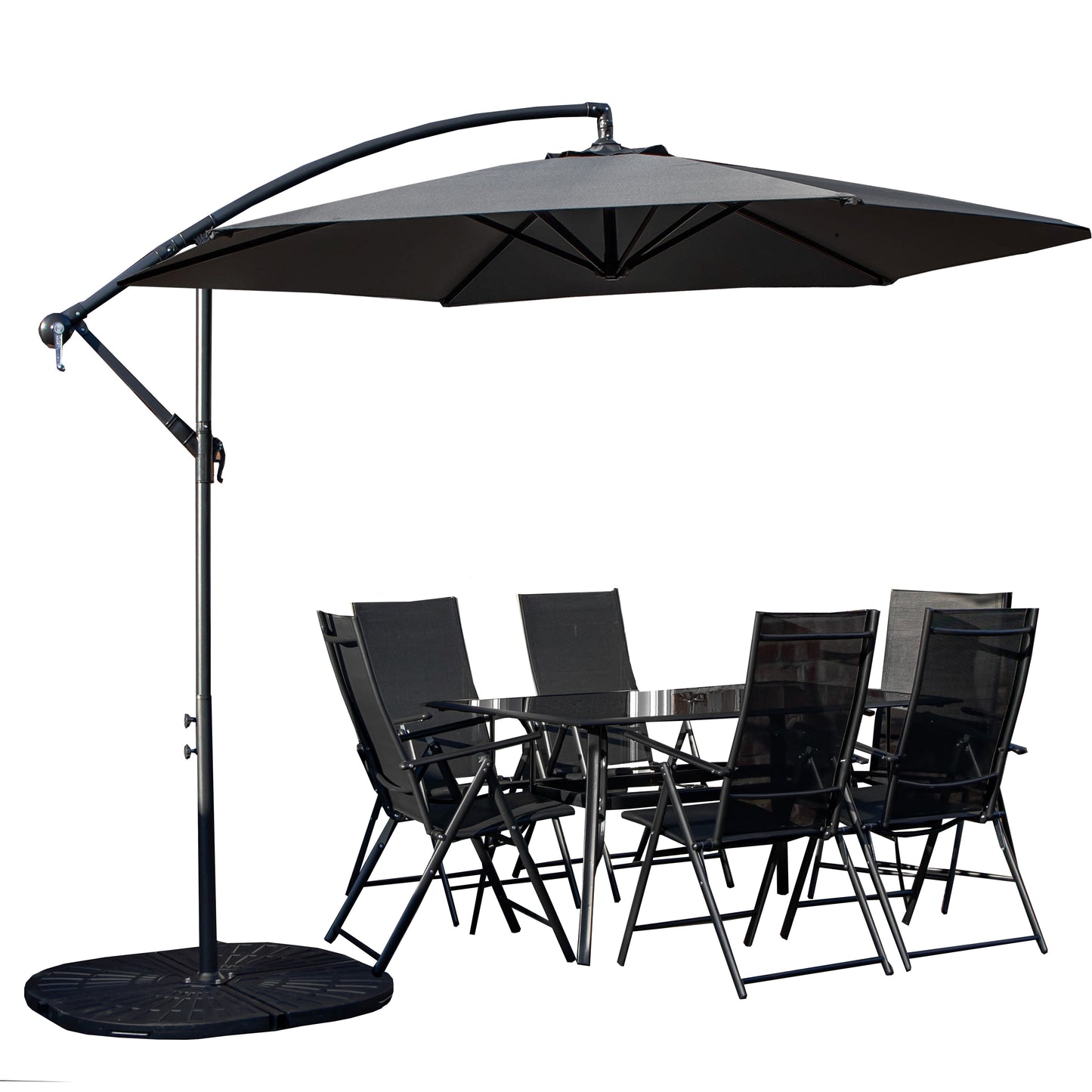 Outdoor 6 Person Rectangular Glass Top Garden Dining Table Chairs With Grey Banana Parasol and Base