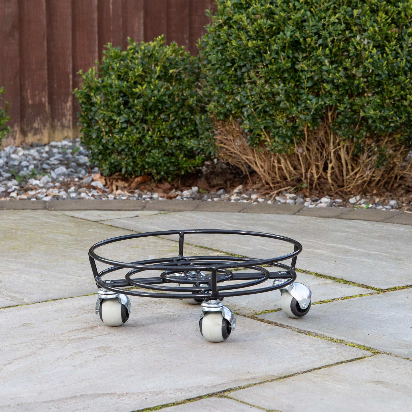 2 Pack of 32cm Black Metal Garden Flower Plant Pot Trolley on Castor Wheels